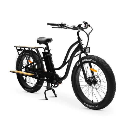 The Alpha Cargo fat tyre electric bike in black.