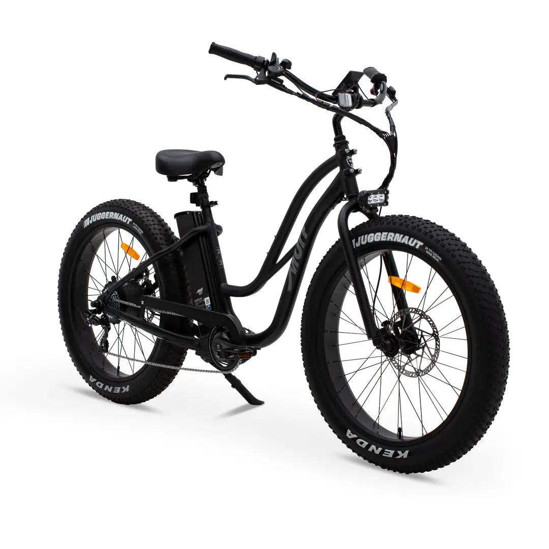 The Fat Murf step thru, fat tyre electric bike in black.