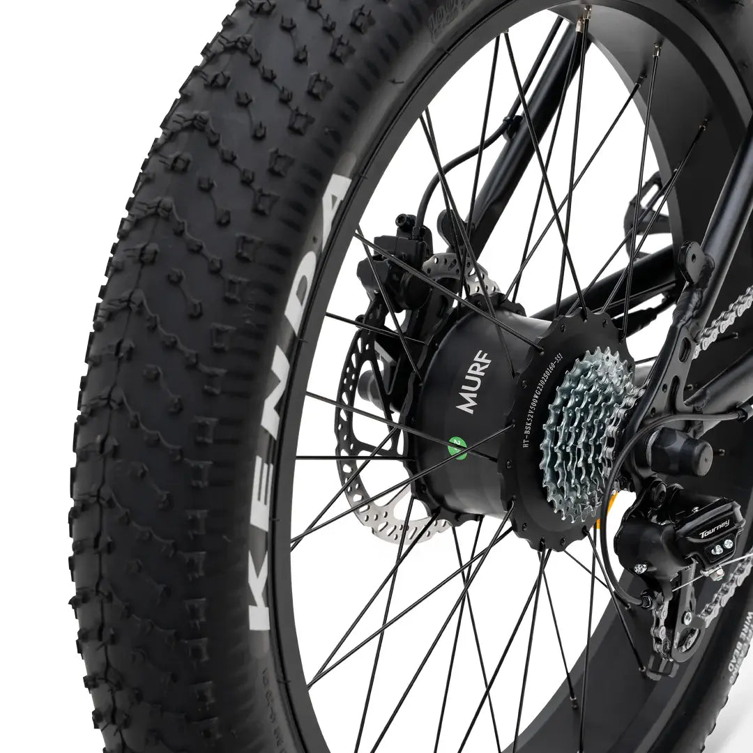 Close up image of a fat tyre electric bike's tire and chain.